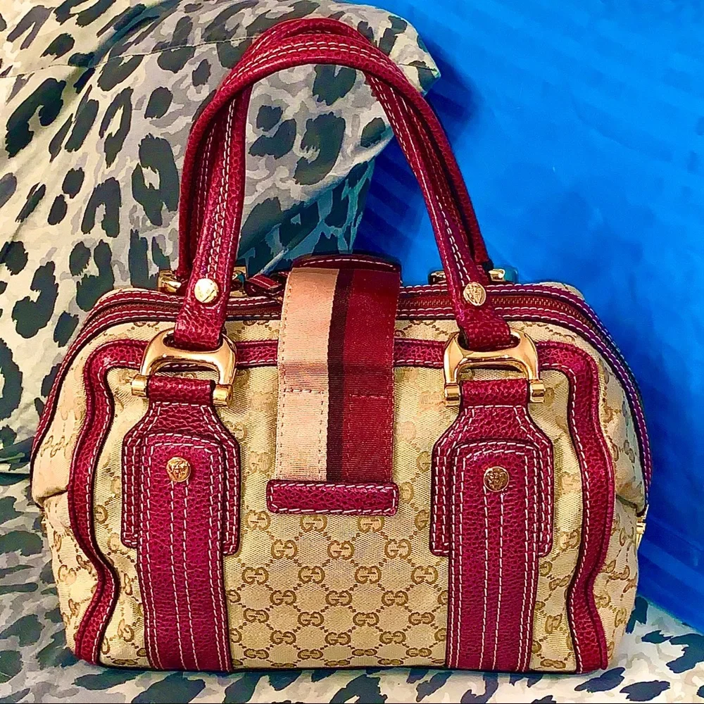 Classic Satchel Red Leather Trim & Beige Canvas
